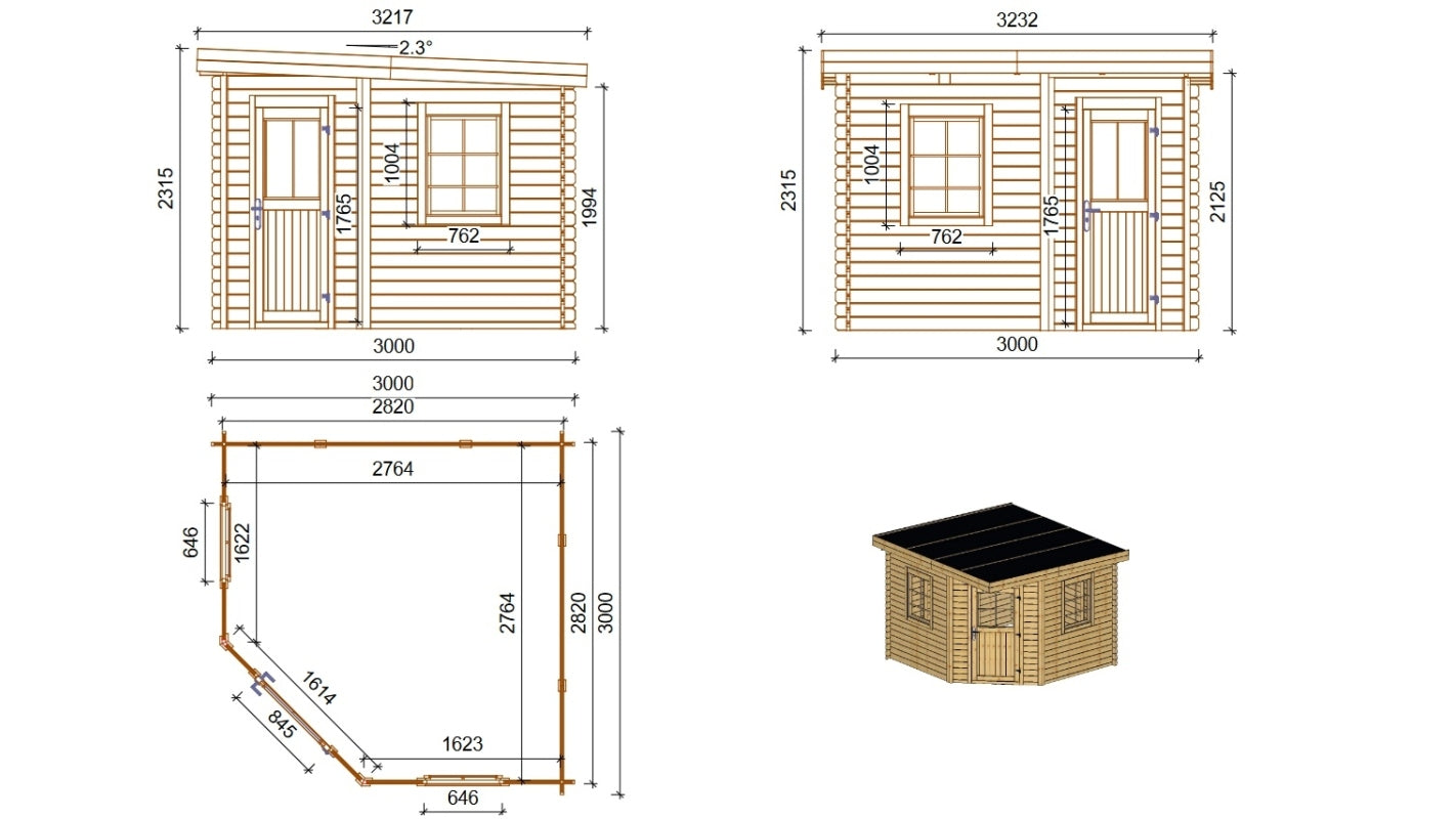 Casetta da giardino in legno - 8.00m2 - 3.00x3.00m - 28mm - colore: naturale - DOM665 - ALTANKA