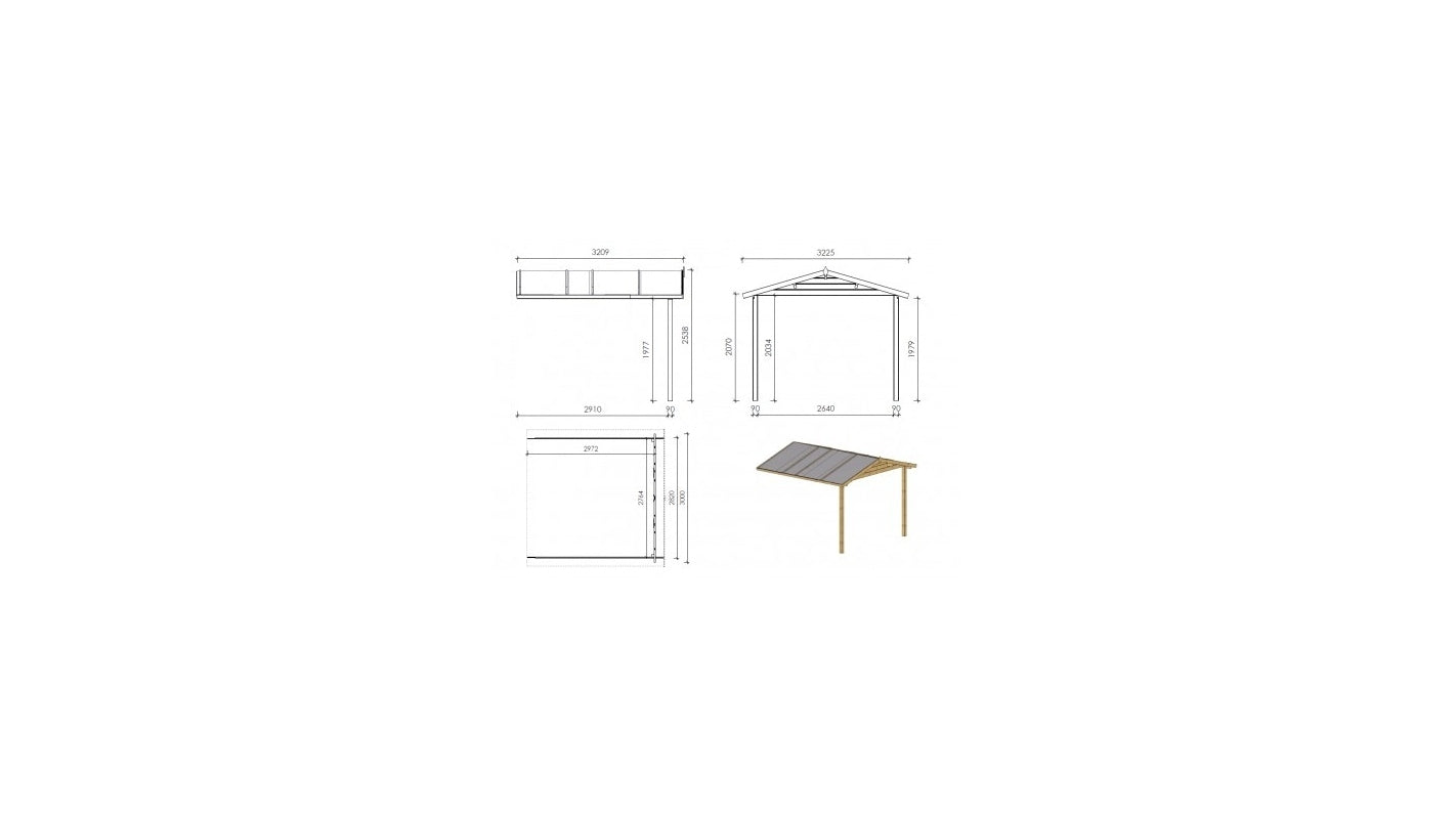Casetta da giardino in legno con veranda e tettoia - 15.00m2 - 3.00x2.00m - 28mm - colore: naturale - DOM472+DOM394+DOM395+POD04 - ALTANKA