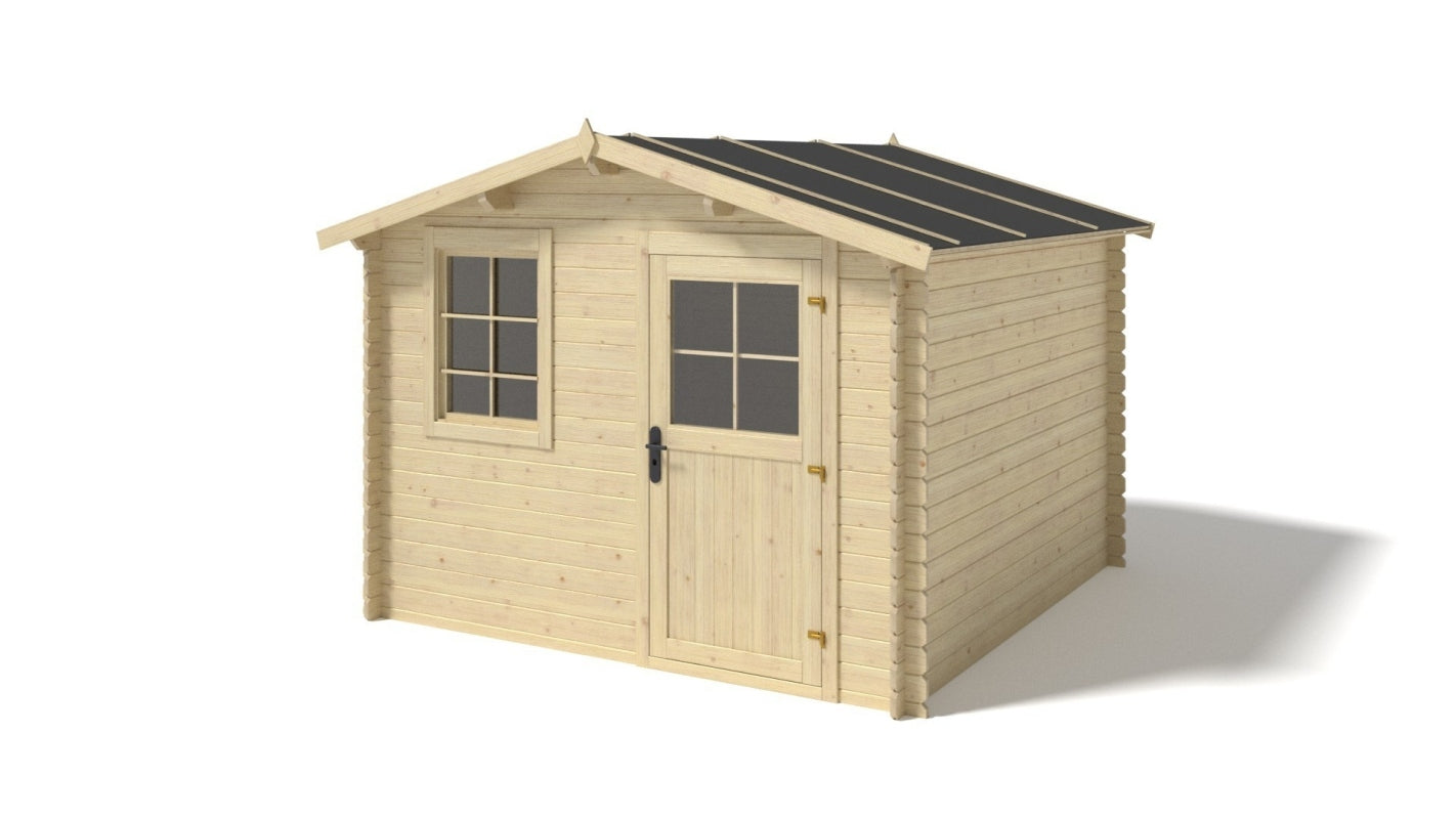 Casetta da giardino in legno con veranda e tettoia - 15.00m2 - 3.00x2.00m - 28mm - colore: naturale - DOM472+DOM394+DOM395+POD04 - ALTANKA