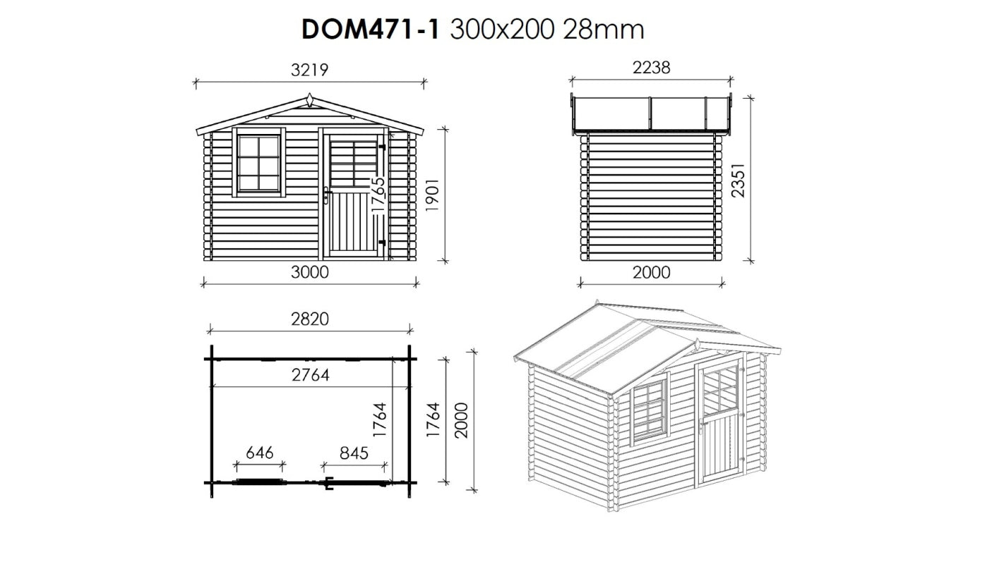 Casetta da giardino in legno con veranda e tettoia - 15.00m2 - 3.00x2.00m - 28mm - colore: naturale - DOM472+DOM394+DOM395+POD04 - ALTANKA