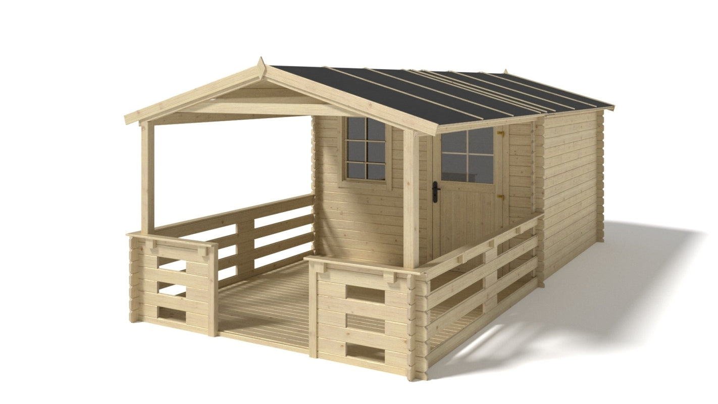 Casetta da giardino in legno con veranda e tettoia - 15.00m2 - 3.00x2.00m - 28mm - colore: naturale - DOM472+DOM394+DOM395+POD04 - ALTANKA