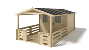 Casetta da giardino in legno con veranda e tettoia - 15.00m2 - 3.00x2.00m - 28mm - colore: naturale - DOM472+DOM394+DOM395+POD04 - ALTANKA