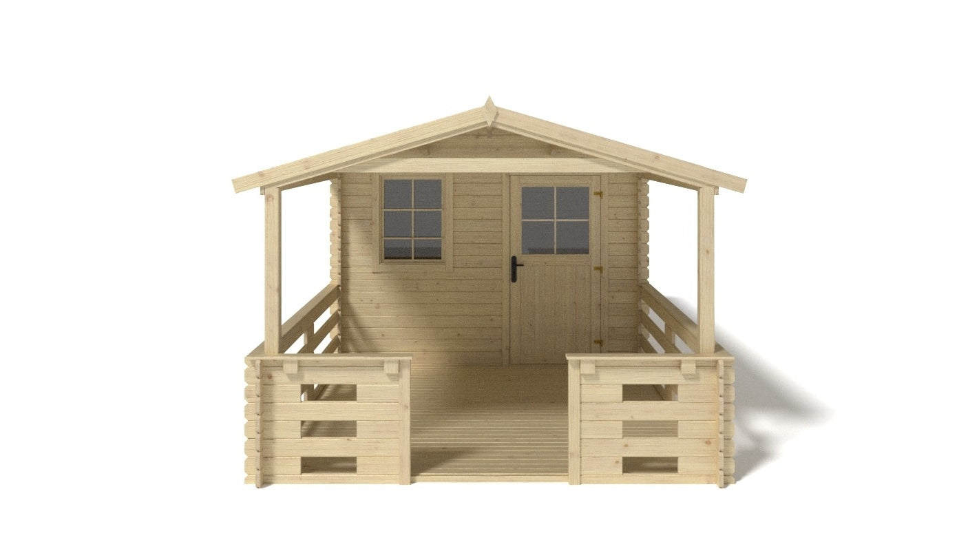 Casetta da giardino in legno con veranda e tettoia - 15.00m2 - 3.00x2.00m - 28mm - colore: naturale - DOM472+DOM394+DOM395+POD04 - ALTANKA