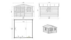 Casetta da giardino in legno con veranda e tettoia - 24.00m2 - 4.00x4.00m - 40mm - colore: naturale - DOM611+DOM617+DOM545+POD04 - ALTANKA