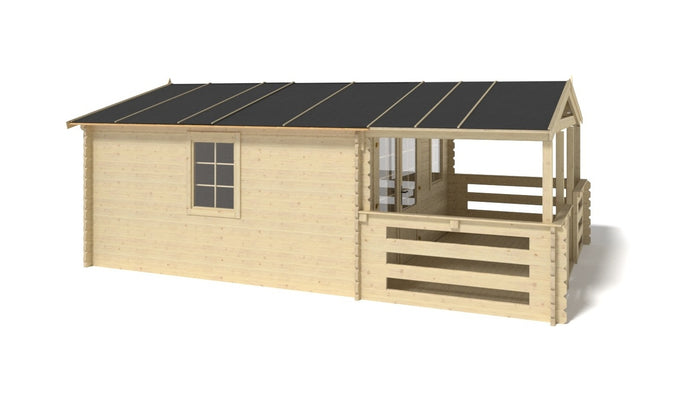 Casetta da giardino in legno con veranda e tettoia - 24.00m2 - 4.00x4.00m - 40mm - colore: naturale - DOM611+DOM617+DOM545+POD04 - ALTANKA