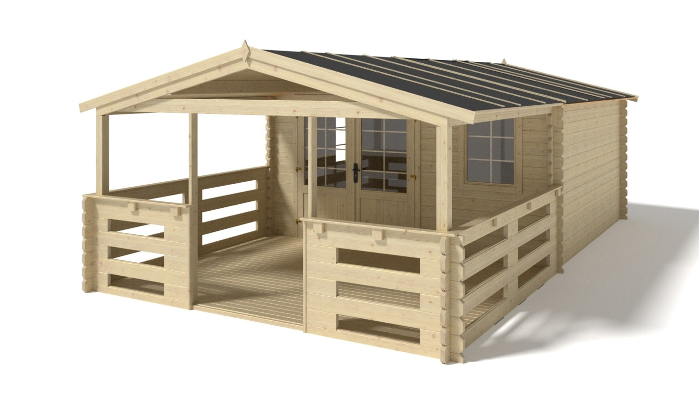 Casetta da giardino in legno con veranda e tettoia - 28.00m2 - 4.00x4.00m - 40mm - colore: naturale - DOM371+DOM618+DOM548+POD04 - ALTANKA