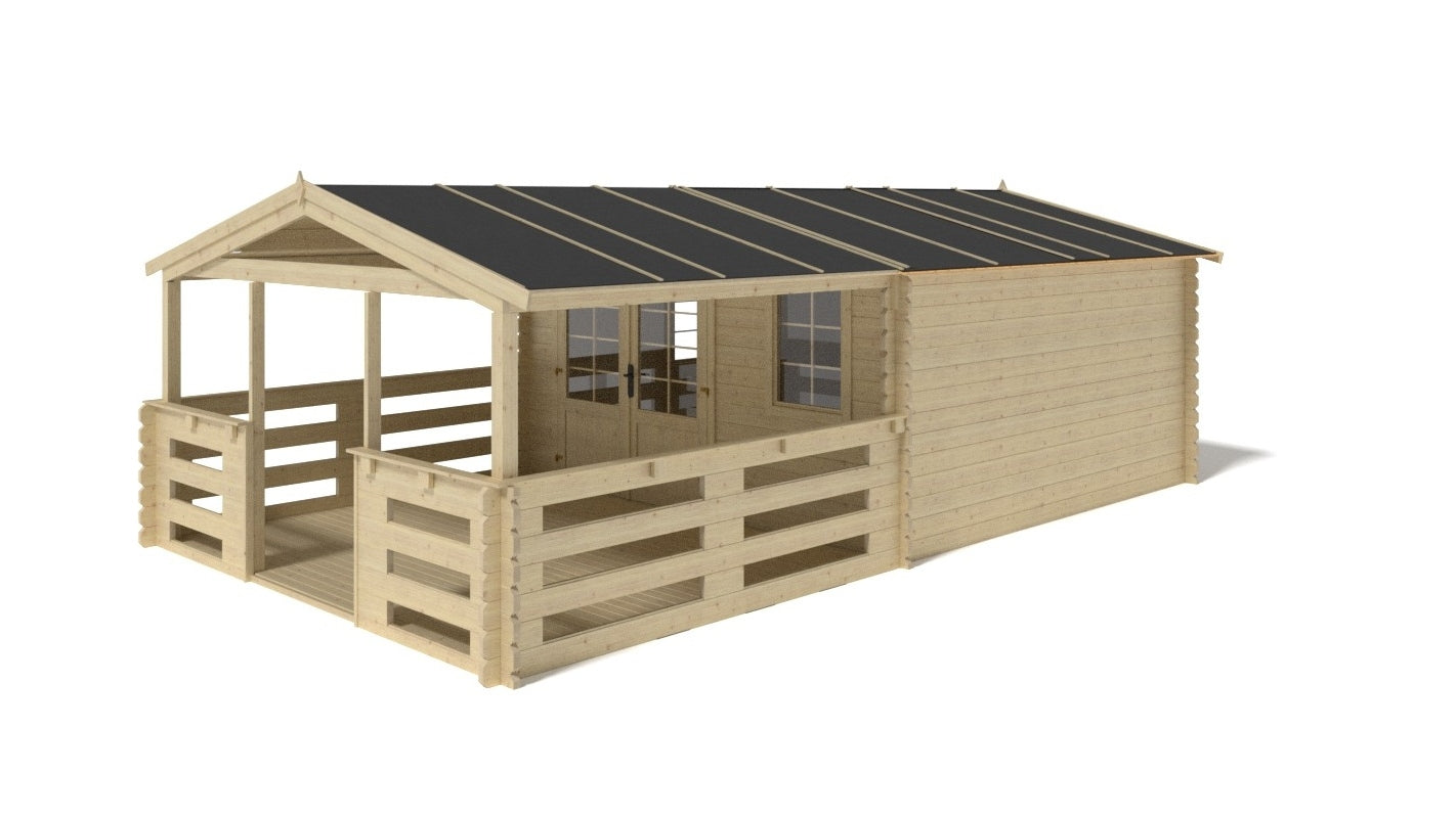 Casetta da giardino in legno con veranda e tettoia - 28.00m2 - 4.00x4.00m - 40mm - colore: naturale - DOM611+DOM618+DOM548+POD04 - ALTANKA