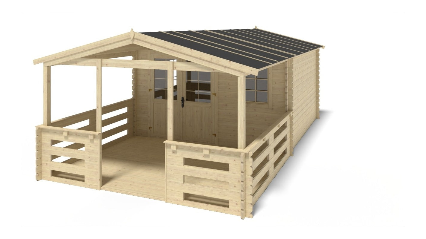 Casetta da giardino in legno con veranda e tettoia - 28.00m2 - 4.00x4.00m - 40mm - colore: naturale - DOM611+DOM618+DOM548+POD04 - ALTANKA