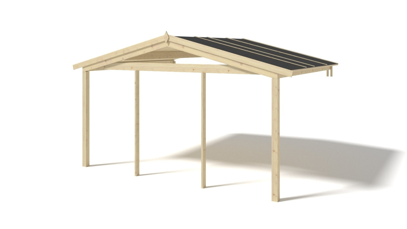 Casetta da giardino in legno con veranda e tettoia - 28.00m2 - 4.00x4.00m - 40mm - colore: naturale - DOM371+DOM618+DOM548+POD04 - ALTANKA