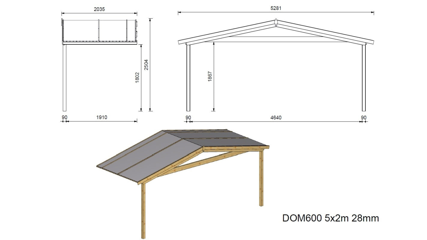 Casetta da giardino in legno con veranda eÂ tettoia - 35m2 - 5x5m - 28mm - colore: naturale - DOM591+DOM600+DOM601+POD04 - ALTANKA
