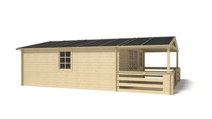 Casetta da giardino in legno con veranda eÂ tettoia - 35m2 - 5x5m - 28mm - colore: naturale - DOM591+DOM600+DOM601+POD04 - ALTANKA