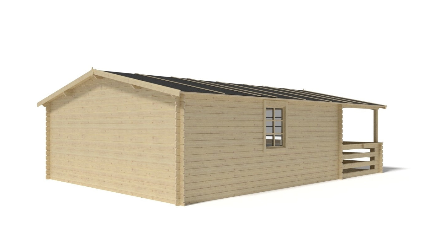 Casetta da giardino in legno con veranda eÂ tettoia - 35m2 - 5x5m - 28mm - colore: naturale - DOM591+DOM600+DOM601+POD04 - ALTANKA