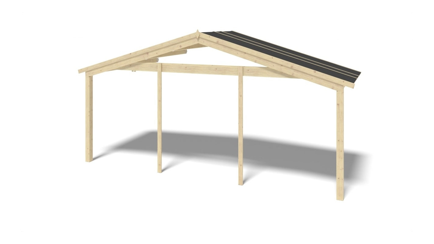 Casetta da giardino in legno con veranda e tettoia - 42.00m2 - 6.00x5.00m - 40mm - colore: naturale - DOM747+DOM553+DOM555+POD04 - ALTANKA