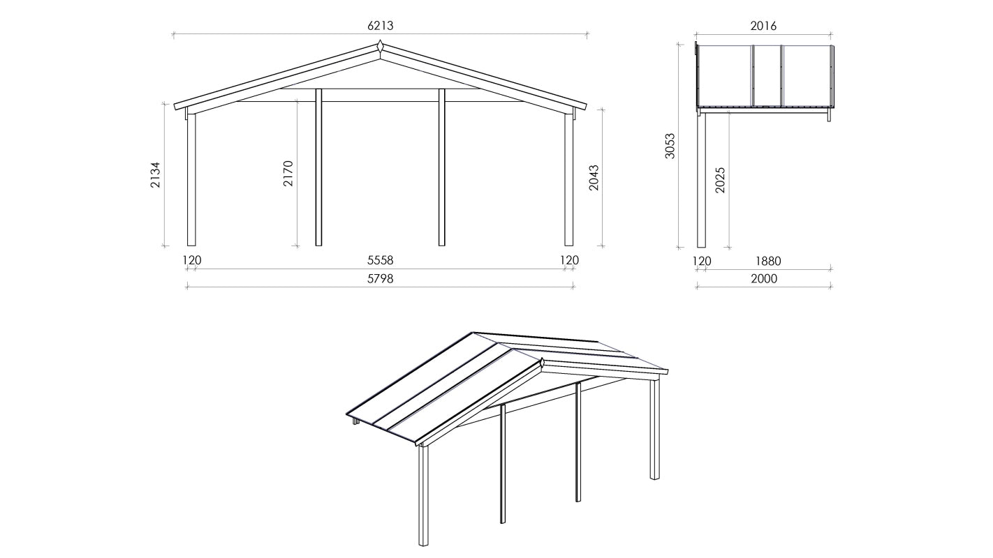 Casetta da giardino in legno con veranda e tettoia - 42.00m2 - 6.00x5.00m - 40mm - colore: naturale - DOM747+DOM553+DOM555+POD04 - ALTANKA