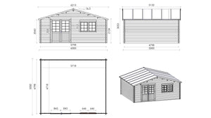 Casetta da giardino in legno con veranda e tettoia - 42.00m2 - 6.00x5.00m - 40mm - colore: naturale - DOM747+DOM553+DOM555+POD04 - ALTANKA