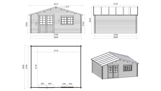 Casetta da giardino in legno con veranda e tettoia - 48.00m2 - 6.00x5.00m - 40mm - colore: naturale - DOM747+DOM556+DOM558+POD04 - ALTANKA