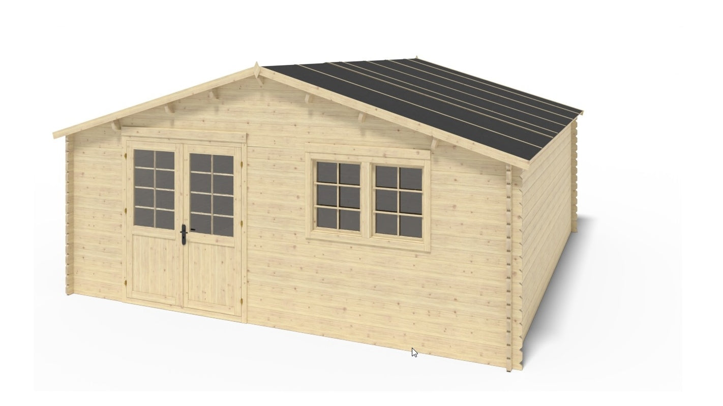Casetta da giardino in legno con veranda e tettoia - 48.00m2 - 6.00x6.00m - 40mm - colore: naturale - DOM749+DOM553+DOM555+POD04 - ALTANKA