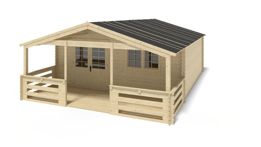 Casetta da giardino in legno con veranda e tettoia - 48.00m2 - 6.00x6.00m - 40mm - colore: naturale - DOM749+DOM553+DOM555+POD04 - ALTANKA