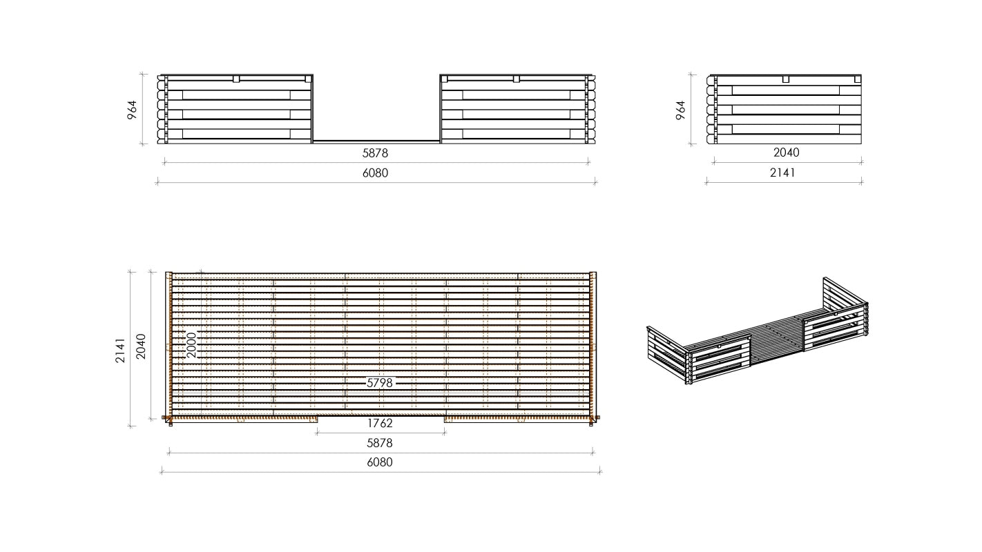 Casetta da giardino in legno con veranda e tettoia - 48.00m2 - 6.00x6.00m - 40mm - colore: naturale - DOM749+DOM553+DOM555+POD04 - ALTANKA