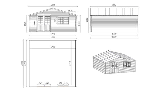 Casetta da giardino in legno con veranda e tettoia - 54.00m2 - 6.00x6.00m - 40mm - colore: naturale - DOM749+DOM556+DOM558+POD04 - ALTANKA