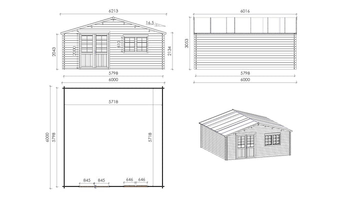Casetta da giardino in legno con veranda e tettoia - 54.00m2 - 6.00x6.00m - 40mm - colore: naturale - DOM749+DOM556+DOM558+POD04 - ALTANKA