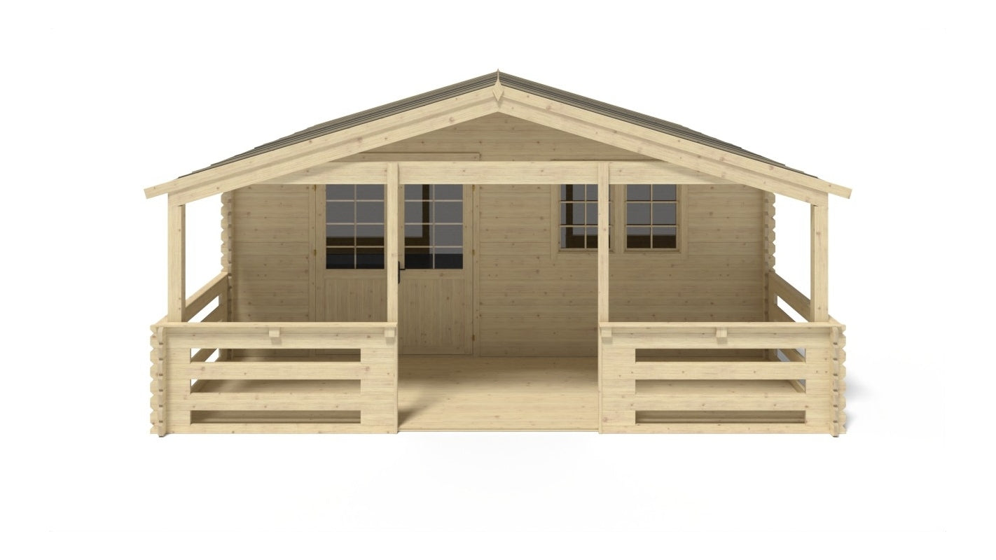Casetta da giardino in legno con veranda e tettoia - 54.00m2 - 6.00x6.00m - 40mm - colore: naturale - DOM749+DOM556+DOM558+POD04 - ALTANKA