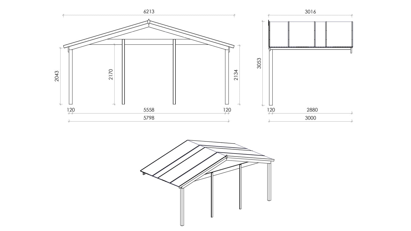 Casetta da giardino in legno con veranda e tettoia - 54.00m2 - 6.00x6.00m - 40mm - colore: naturale - DOM749+DOM556+DOM558+POD04 - ALTANKA