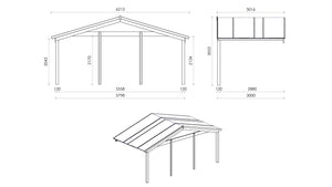Casetta da giardino in legno con veranda e tettoia - 54.00m2 - 6.00x6.00m - 40mm - colore: naturale - DOM749+DOM556+DOM558+POD04 - ALTANKA