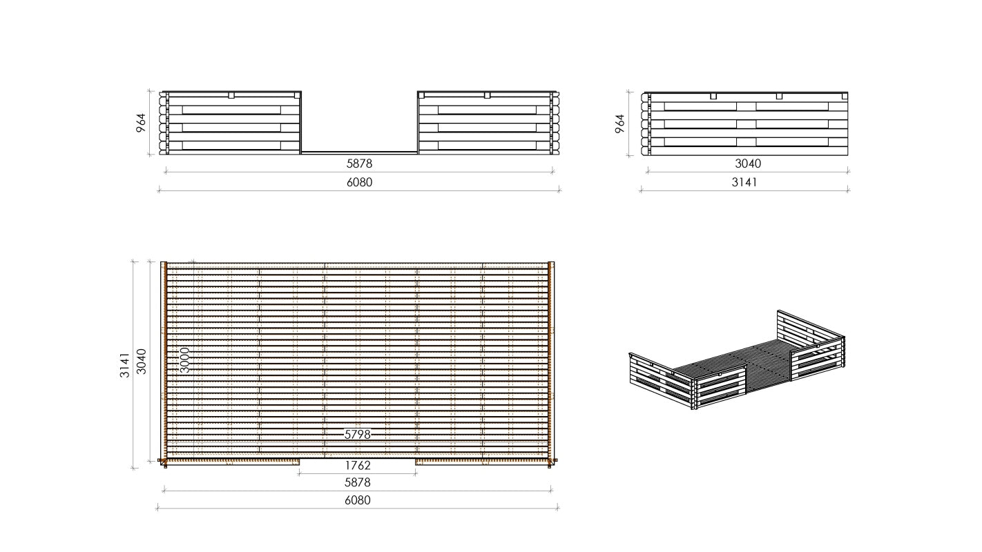Casetta da giardino in legno con veranda e tettoia - 54.00m2 - 6.00x6.00m - 40mm - colore: naturale - DOM749+DOM556+DOM558+POD04 - ALTANKA