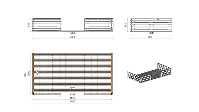 Casetta da giardino in legno con veranda e tettoia - 54.00m2 - 6.00x6.00m - 40mm - colore: naturale - DOM749+DOM556+DOM558+POD04 - ALTANKA