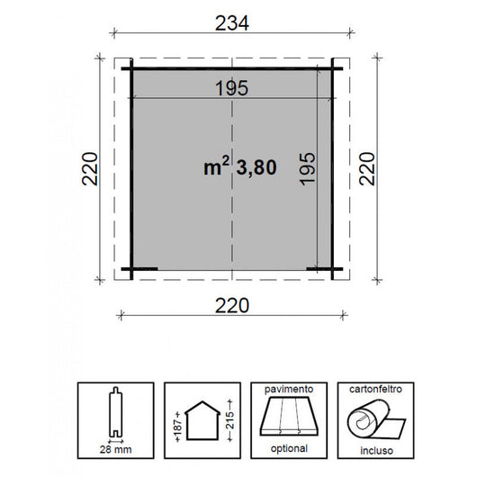 Casetta da giardino in legno Lea 220x220 - Pino grezzo non trattato