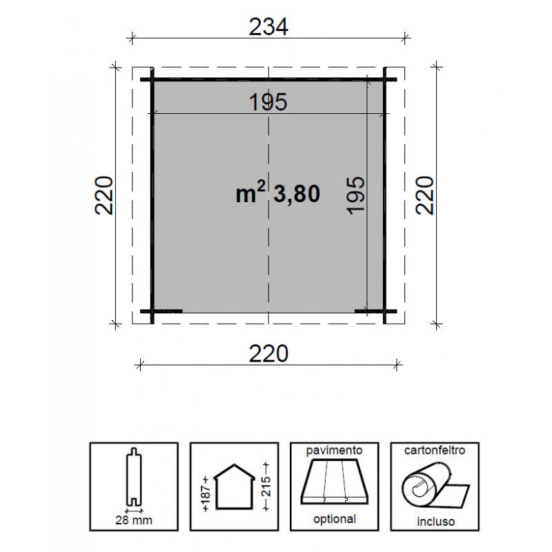 Casetta da giardino in legno Lea 220x220 - Pino grezzo non trattato