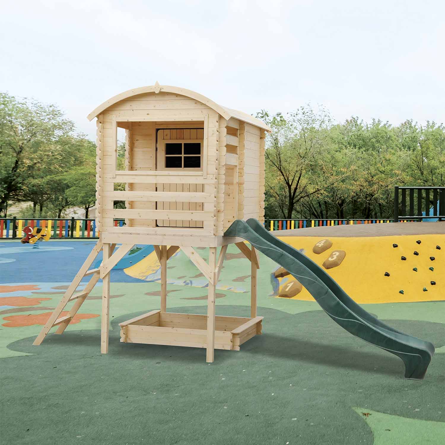 Joy - casetta in legno per bambini con sabbiera e scivolo