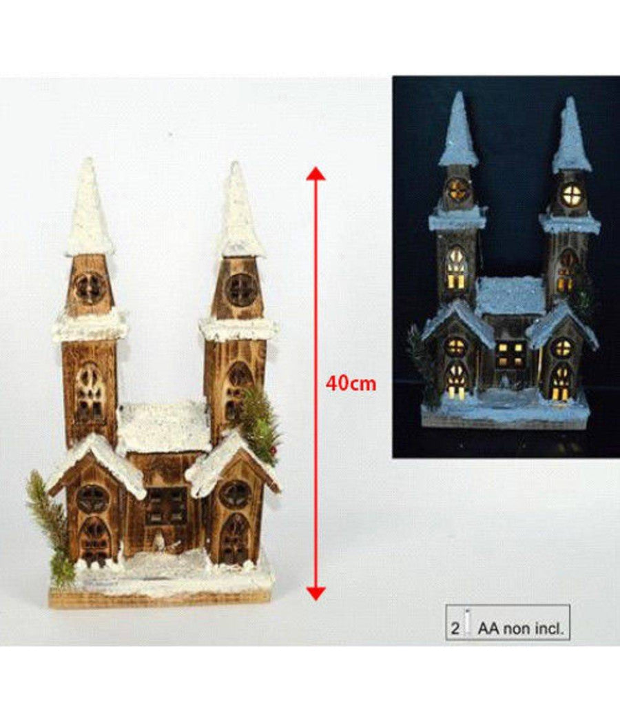 Casetta Legno Innevata Luminosa Con 2 Torri Altezza 40 Cm Decorazioni Natalizie         