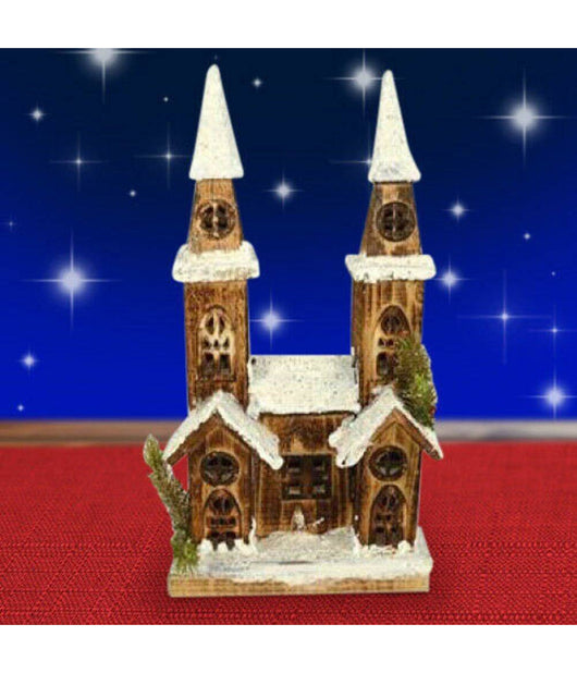Casetta Legno Innevata Luminosa Con 2 Torri Altezza 40 Cm Decorazioni Natalizie         