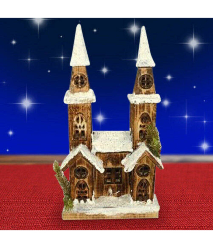 Casetta Legno Innevata Luminosa Con 2 Torri Altezza 40 Cm Decorazioni Natalizie         