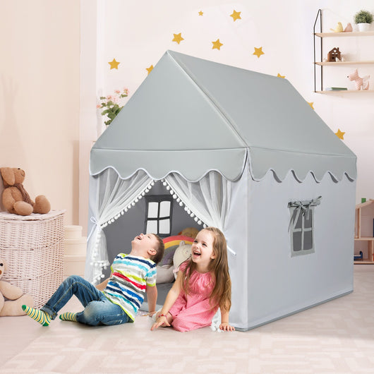 Casetta con tenda struttura in legno e tappetino di cotone, Casa con tenda porta e finestra per bambini Grigio-Tende e Casette per bambini