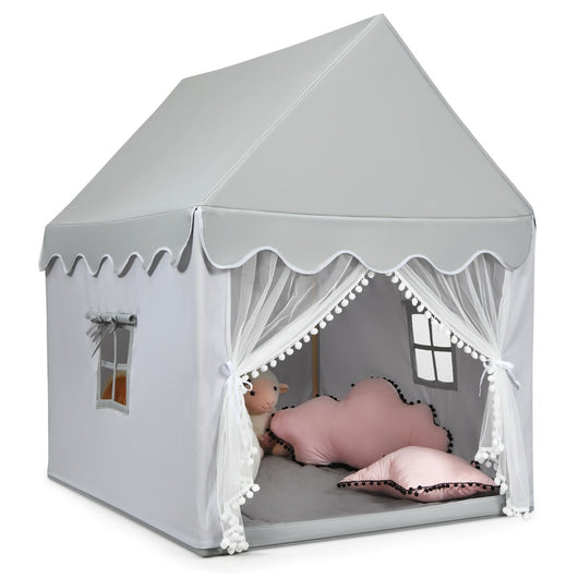Casetta con tenda struttura in legno e tappetino di cotone, Casa con tenda porta e finestra per bambini Grigio-Tende e Casette per bambini