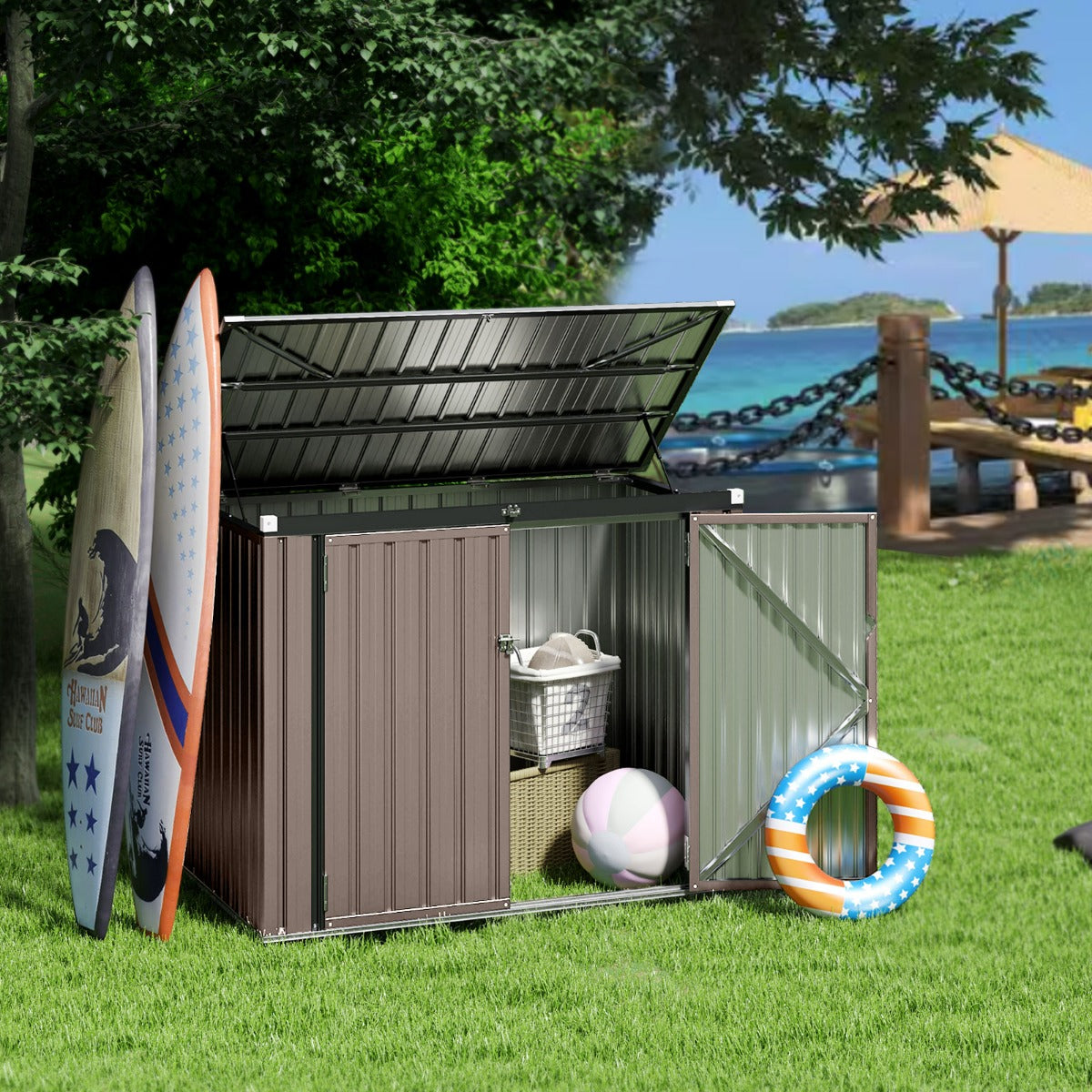 Casetta per riporre la spazzatura bloccabile con doppie aperture, Organizzatore di stoccaggio per cortile Grigio chiaro-Casette da giardino