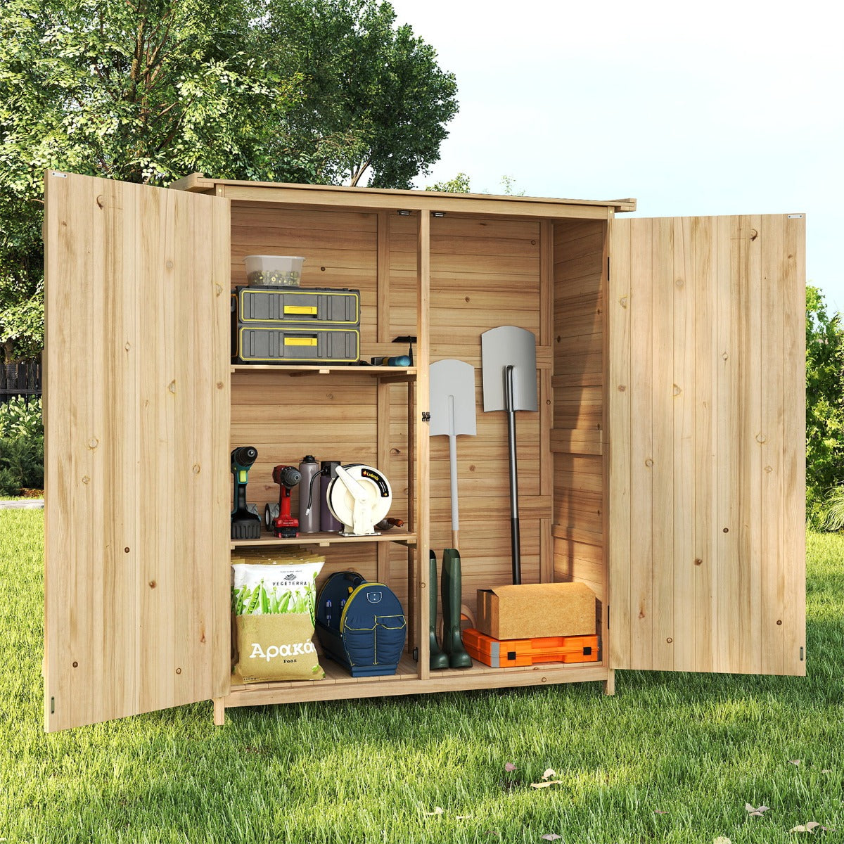 Casetta da giardino per esterni con tetto inclinato in asfalto impermeabile, Casetta armadietto da giardino in legno per cortile-Casette da giardino