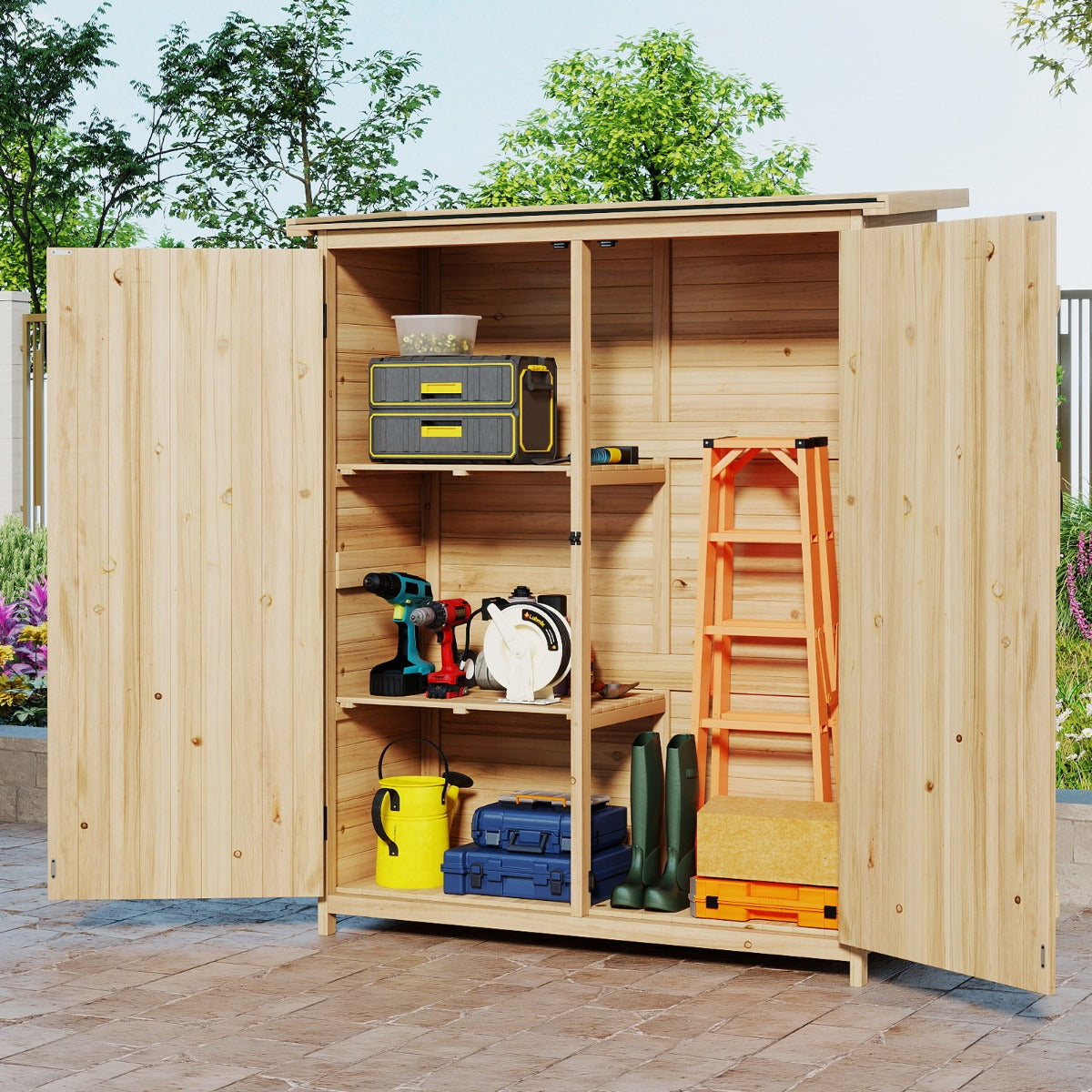 Casetta da giardino per esterni con tetto inclinato in asfalto impermeabile, Casetta armadietto da giardino in legno per cortile-Casette da giardino
