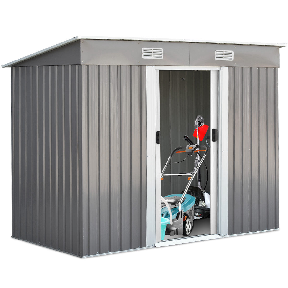 Casetta?da?giardino?in?metallo?con?ante?scorrevoli?e?maniglie,?Casetta per?attrezzi?238x128x181cm?Grigio-Casette da giardino