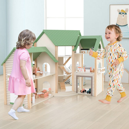 Casetta delle bambole ad angolo in legno, Casa delle bambole con tetto verde con 36 mobili e accessori Verde-Tende e Casette per bambini