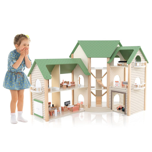 Casetta delle bambole ad angolo in legno, Casa delle bambole con tetto verde con 36 mobili e accessori Verde-Tende e Casette per bambini