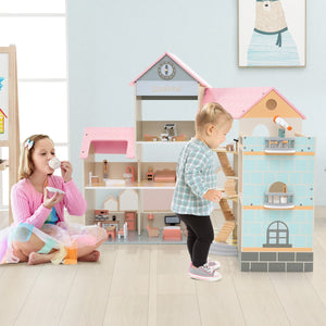 Casa delle bambole con tetto rosa con 41 mobili e accessori, Casetta delle bambole ad angolo in legno-Tende e Casette per bambini