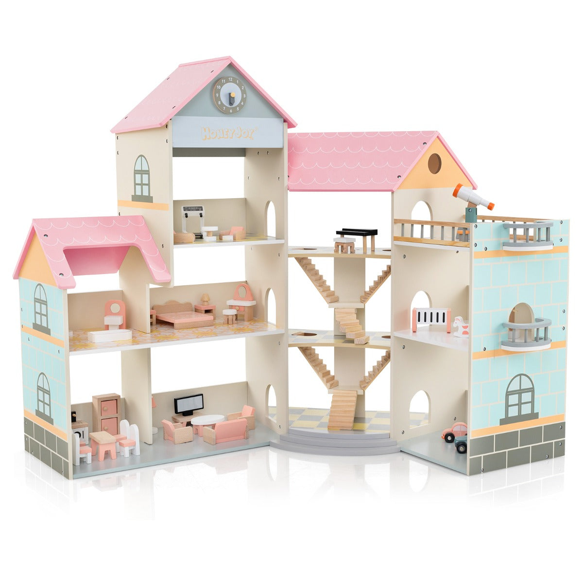 Casa delle bambole con tetto rosa con 41 mobili e accessori, Casetta delle bambole ad angolo in legno-Tende e Casette per bambini
