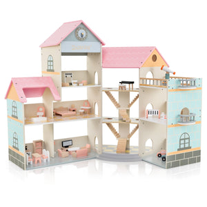 Casa delle bambole con tetto rosa con 41 mobili e accessori, Casetta delle bambole ad angolo in legno-Tende e Casette per bambini