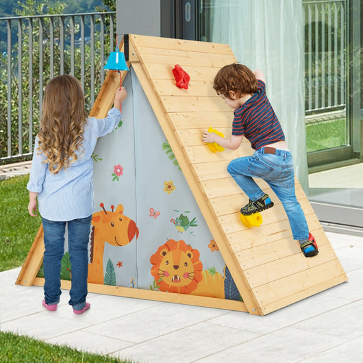 Casetta per bambini a triangolo con pareti per arrampicarsi, Set di gioco in legno per nascondiglio 2 in 1-Tende e Casette per bambini