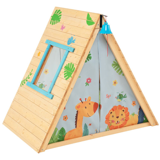 Casetta per bambini a triangolo con pareti per arrampicarsi, Set di gioco in legno per nascondiglio 2 in 1-Tende e Casette per bambini