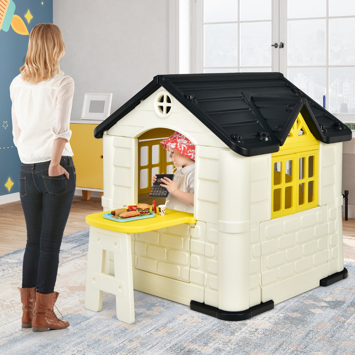Casetta per bambini con porte finestre tavolo, Set giocattolo 7 pezzi con copertura impermeabile 164x124x132cm Giallo-Tende e Casette per bambini